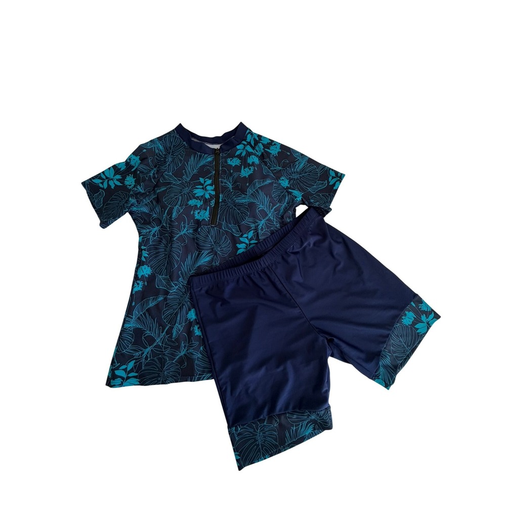 Two Piece Tropical Rash Guard and Swim Shorts Set Navy Teal Floral XL